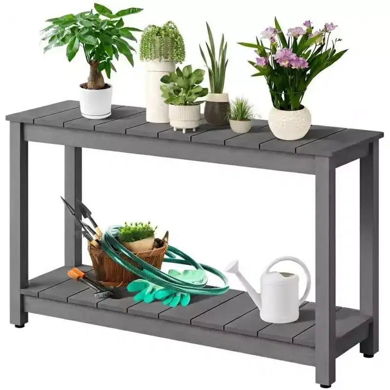 Tavolo Consolle a 2 Ripiani da 48 Pollici, Piedino Regolabile, Organizzatore per Bar in Legno, per Patio, Portico, Cortile, Giardino
