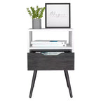Comodino Moderno con Ripiano Aperto e Cassetto Singolo, Rovere Fumè e Bianco, Design a 4 Gambe