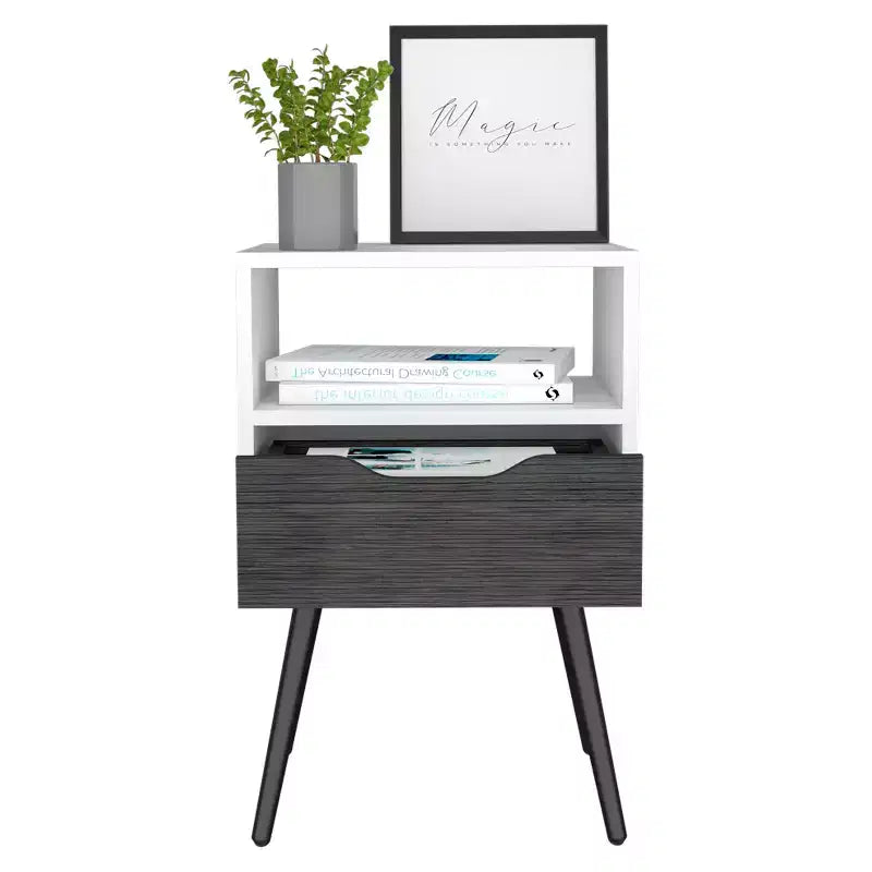 Comodino Moderno con Ripiano Aperto e Cassetto Singolo, Rovere Fumè e Bianco, Design a 4 Gambe