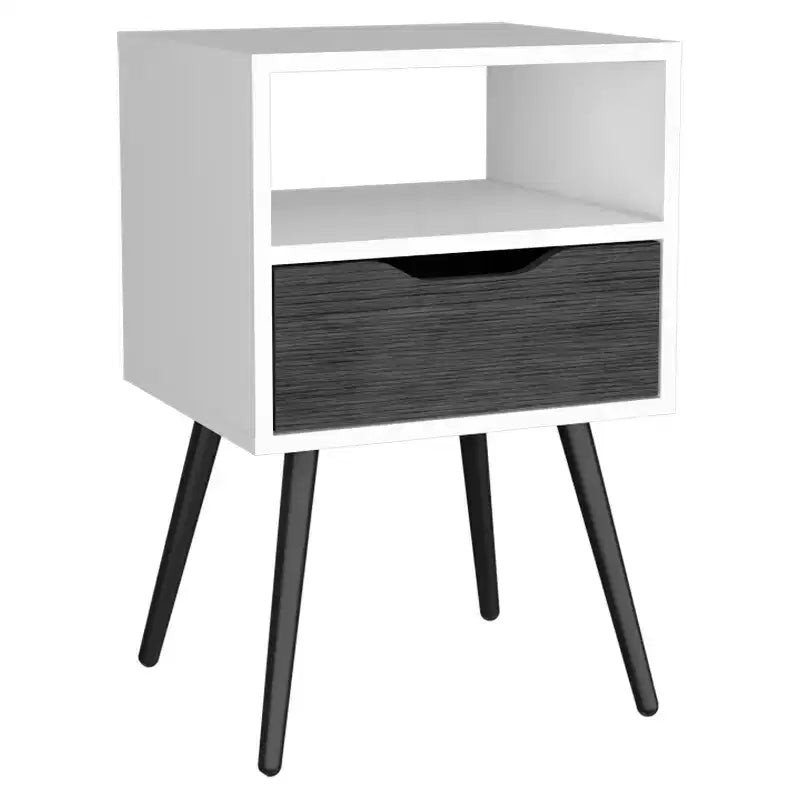 Comodino Moderno con Ripiano Aperto e Cassetto Singolo, Rovere Fumè e Bianco, Design a 4 Gambe