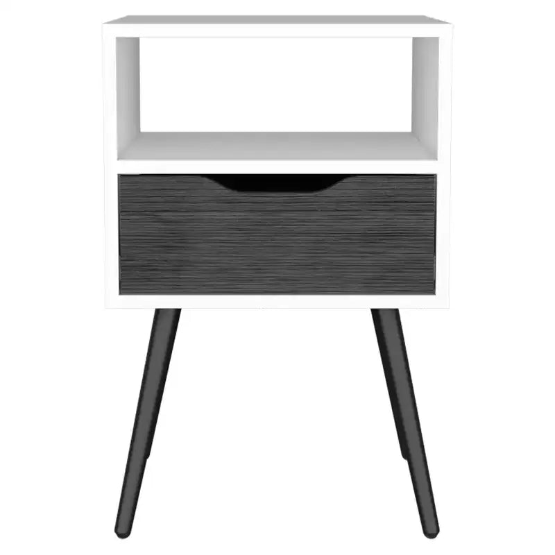 Comodino Moderno con Ripiano Aperto e Cassetto Singolo, Rovere Fumè e Bianco, Design a 4 Gambe