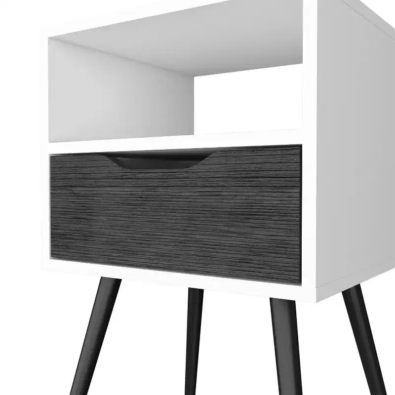 Comodino Moderno con Ripiano Aperto e Cassetto Singolo, Rovere Fumè e Bianco, Design a 4 Gambe