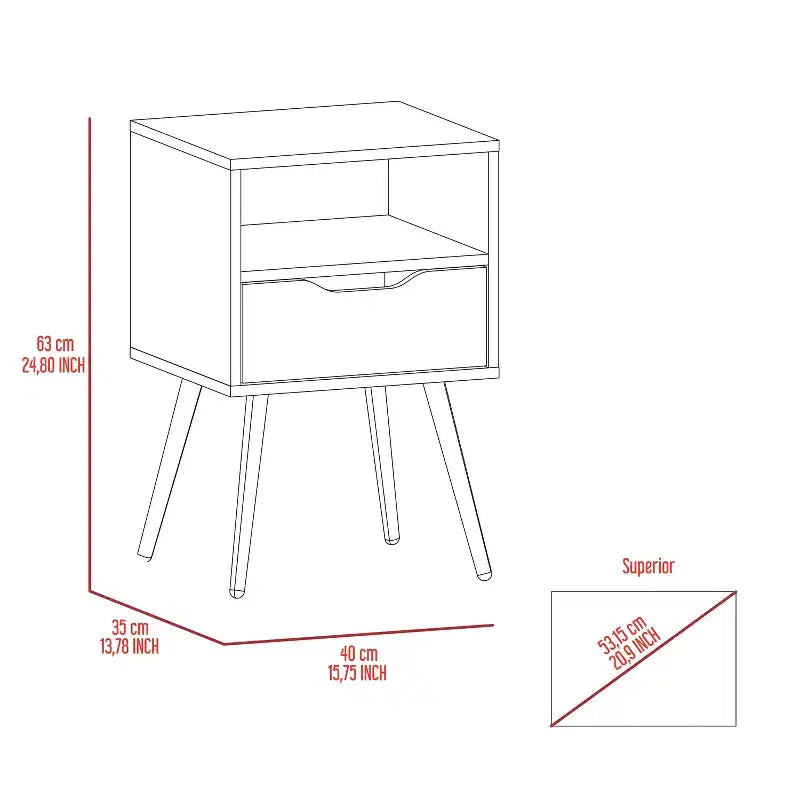 Comodino Moderno con Ripiano Aperto e Cassetto Singolo, Rovere Fumè e Bianco, Design a 4 Gambe
