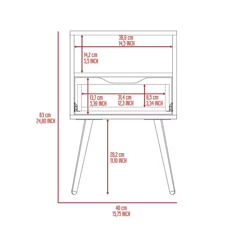 Comodino Moderno con Ripiano Aperto e Cassetto Singolo, Rovere Fumè e Bianco, Design a 4 Gambe