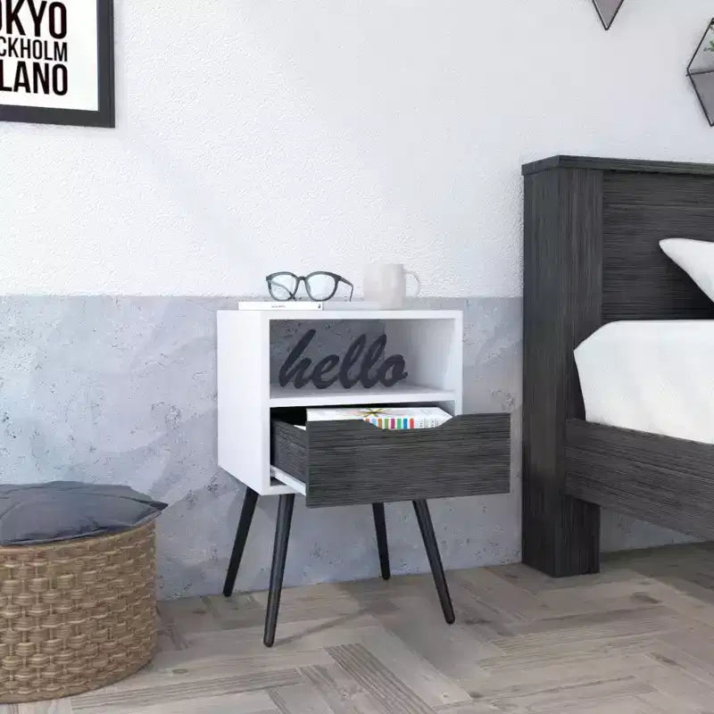 Comodino Moderno con Ripiano Aperto e Cassetto Singolo, Rovere Fumè e Bianco, Design a 4 Gambe