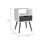 Comodino Moderno con Ripiano Aperto e Cassetto Singolo, Rovere Fumè e Bianco, Design a 4 Gambe