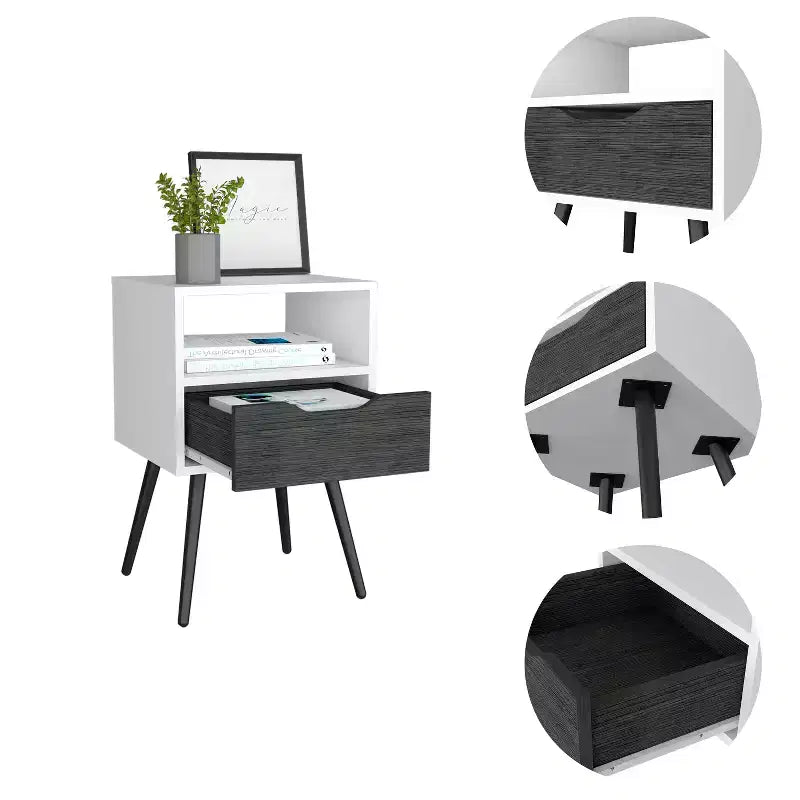 Comodino Moderno con Ripiano Aperto e Cassetto Singolo, Rovere Fumè e Bianco, Design a 4 Gambe