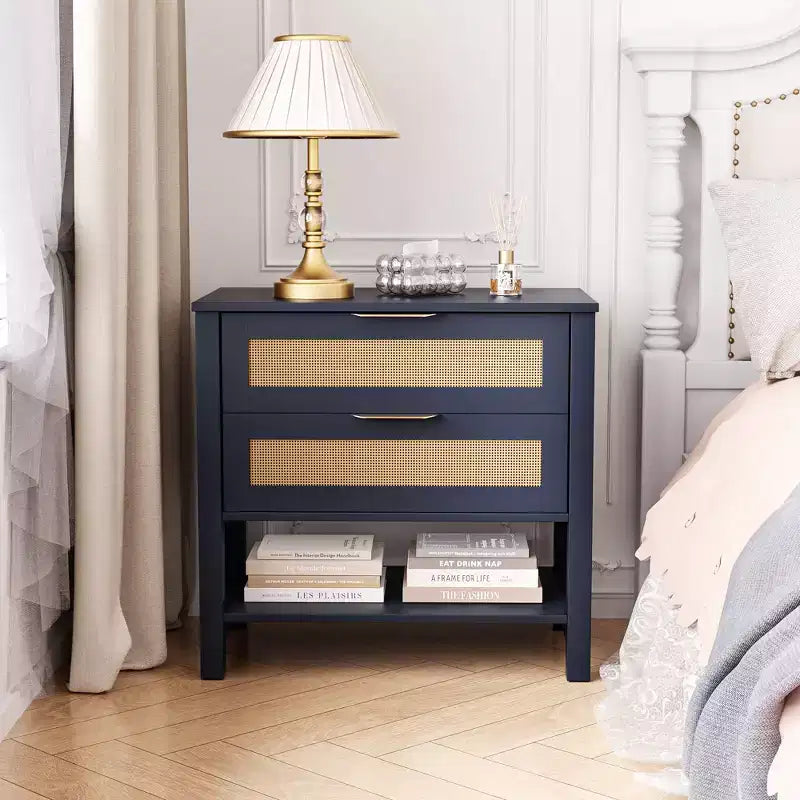 Comodino boho in rattan con 2 cassetti per camera da letto e soggiorno