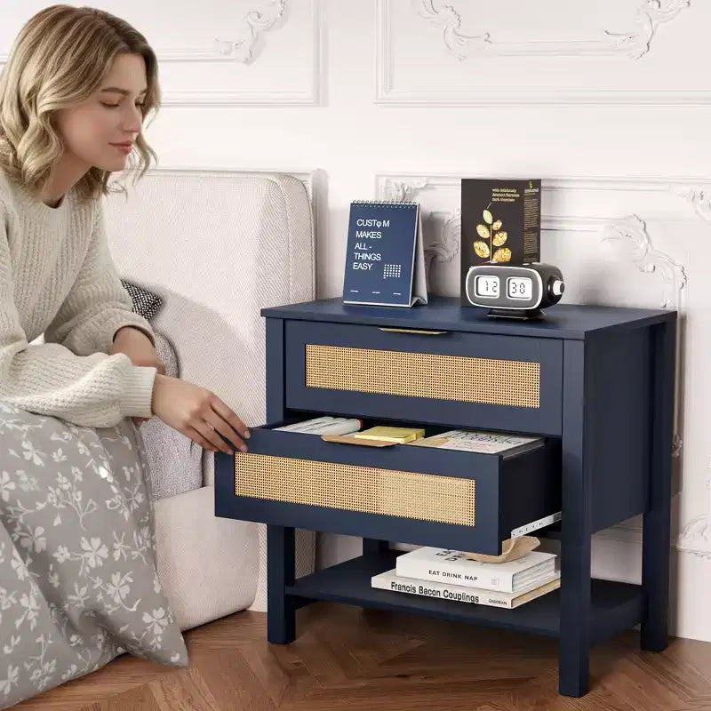 Comodino boho in rattan con 2 cassetti per camera da letto e soggiorno