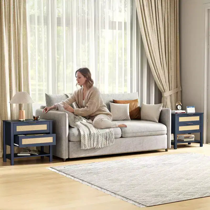 Comodino boho in rattan con 2 cassetti per camera da letto e soggiorno