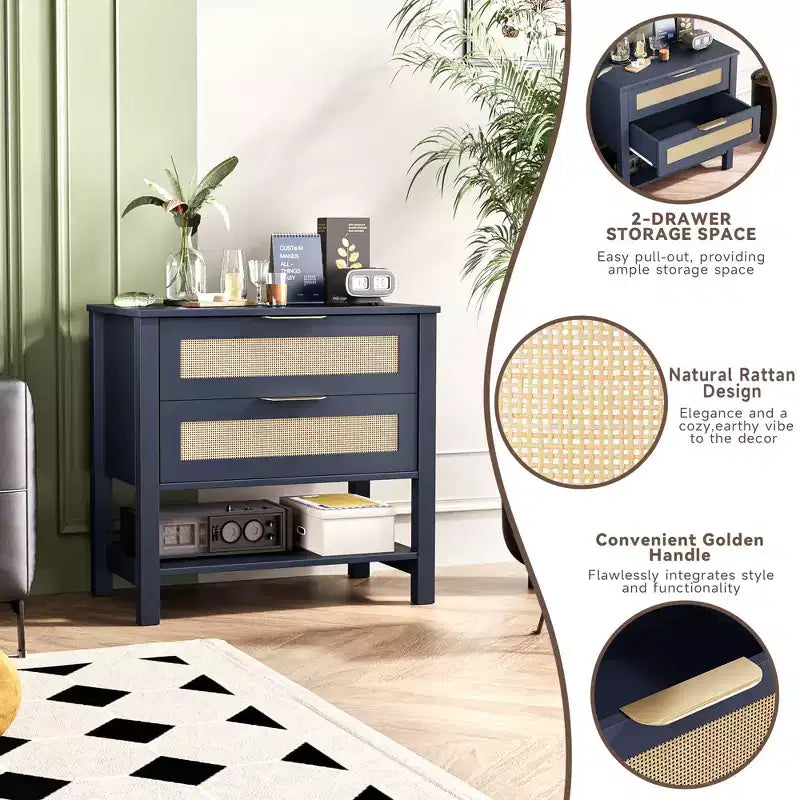 Comodino boho in rattan con 2 cassetti per camera da letto e soggiorno