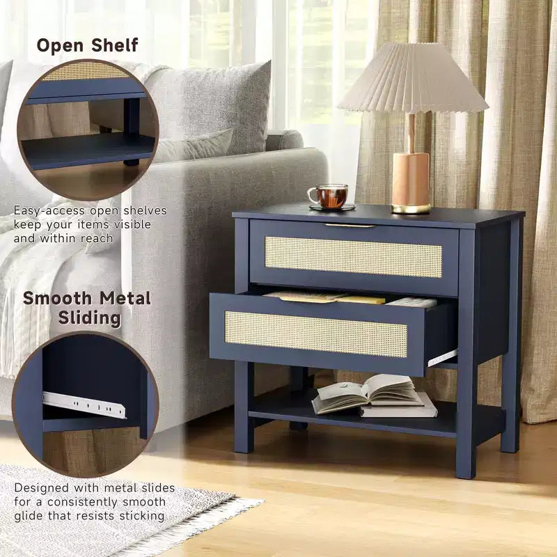 Comodino boho in rattan con 2 cassetti per camera da letto e soggiorno