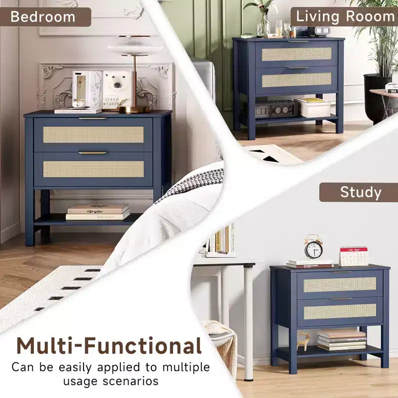 Comodino boho in rattan con 2 cassetti per camera da letto e soggiorno