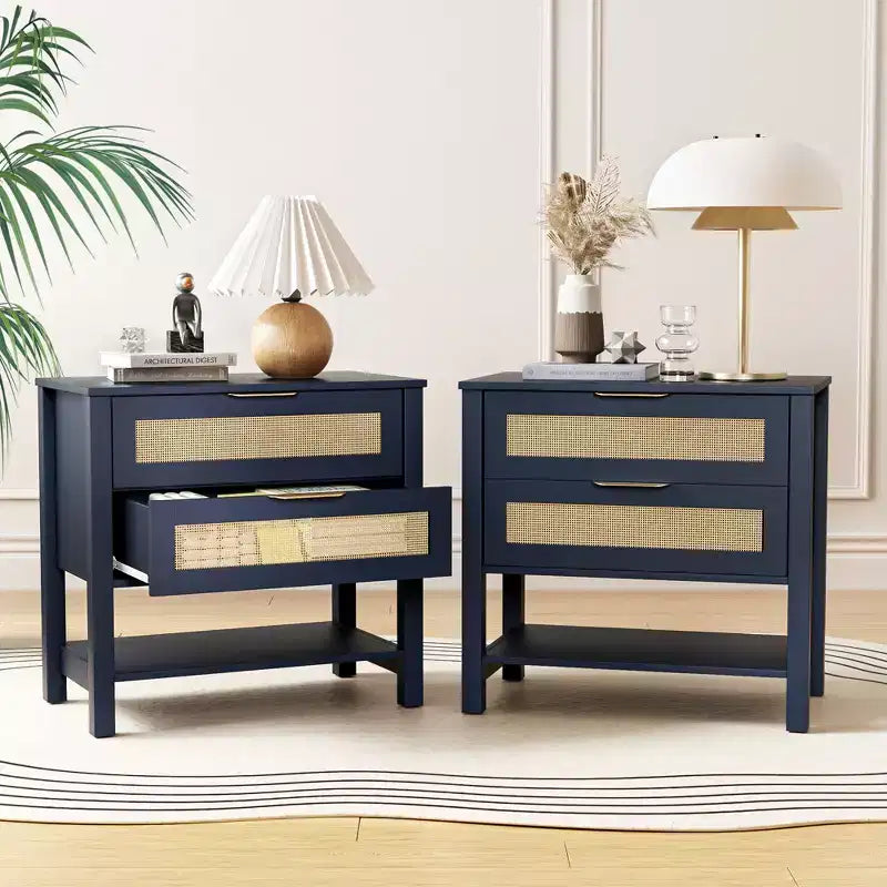 Comodino boho in rattan con 2 cassetti per camera da letto e soggiorno