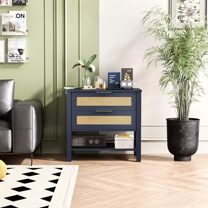 Comodino boho in rattan con 2 cassetti per camera da letto e soggiorno