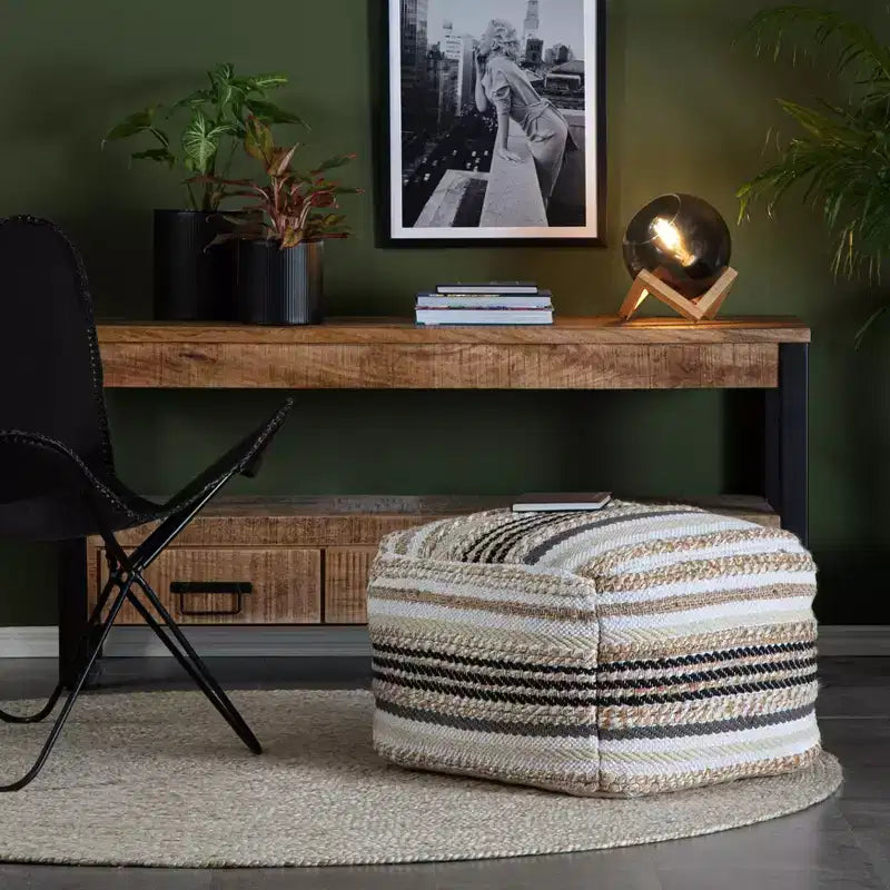 Pouf Arsenal Beige/Toni di grigio - Anji Mountain: Ottomana quadrata fatta a mano, rivestimento rimovibile, poliestere e iuta, stile contemporaneo