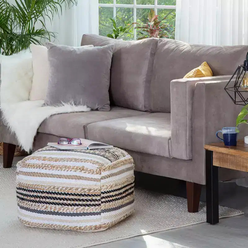 Pouf Arsenal Beige/Toni di grigio - Anji Mountain: Ottomana quadrata fatta a mano, rivestimento rimovibile, poliestere e iuta, stile contemporaneo